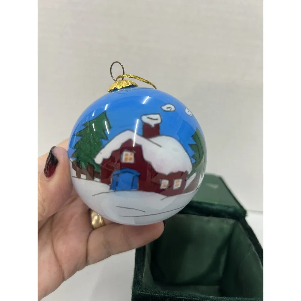 Christmas House 70mm‎ Hand Painted Glass Ball Ornament Snowy Cottage Box Gift